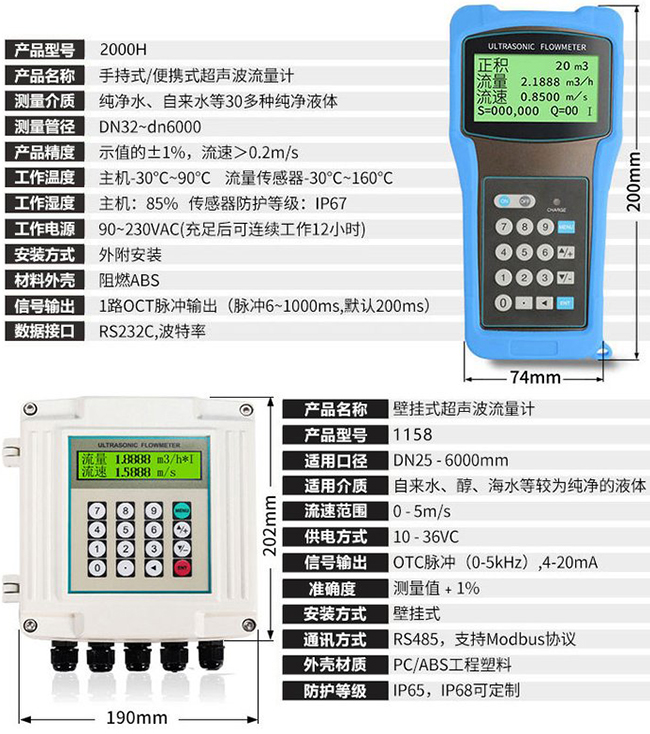 液體超聲波流量計技術參數對照表