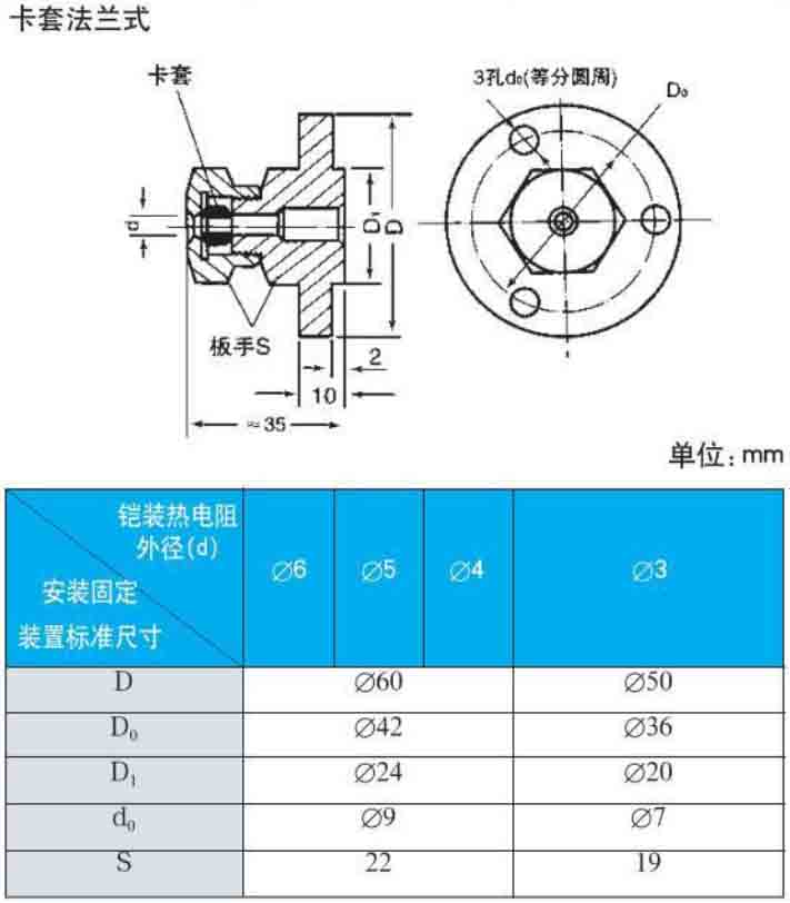 金屬熱電阻卡套法蘭式安裝尺寸圖